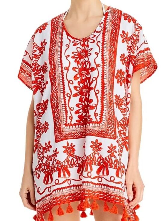Echo Tops - Echo White Tunic with Red Floral Embroidery and Tassel Trim
